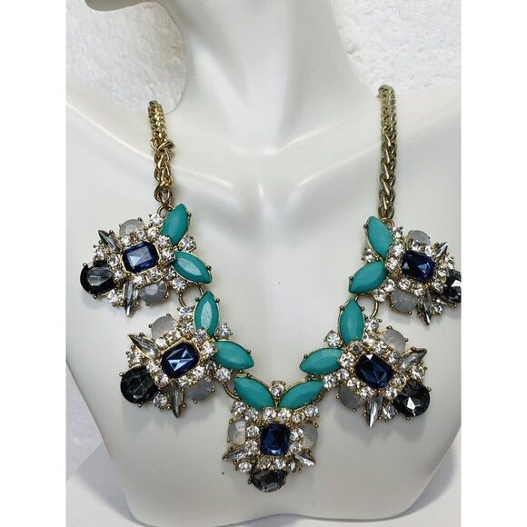 Vintage faux Turquoise aurora borealis Rhinestone Gold Chain Necklace 20” - Picture 6 of 12